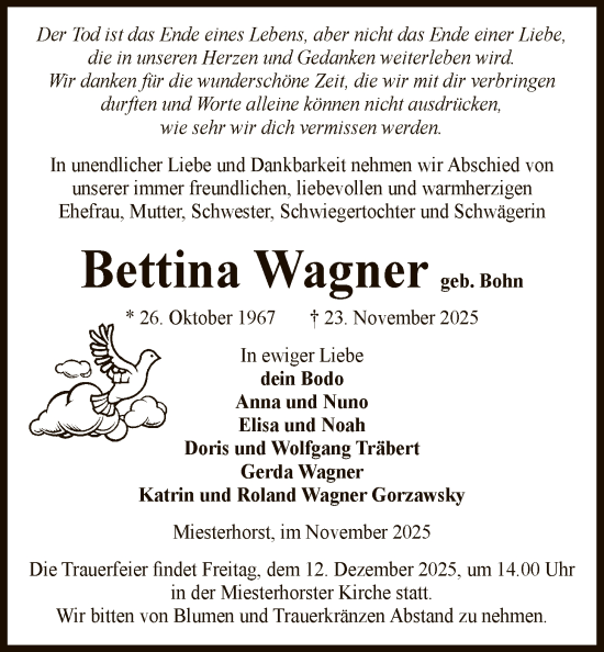 Traueranzeige von Bettina Wagner von AMZ