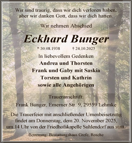 Traueranzeige von Eckhard Bunger von AZ