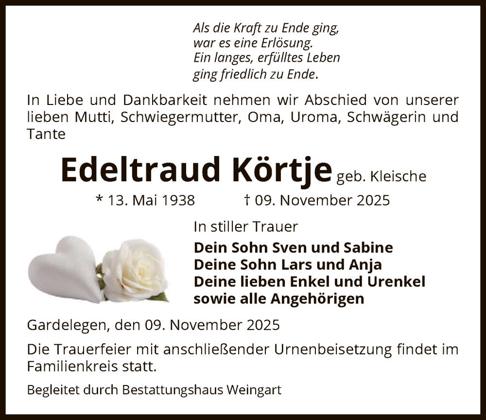  Traueranzeige für Edeltraud Körtje vom 15.11.2025 aus AMZ
