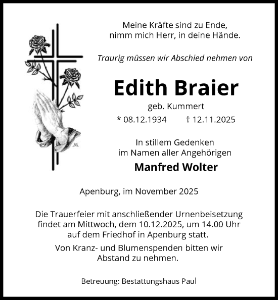Traueranzeige von Edith Braier von AMZ