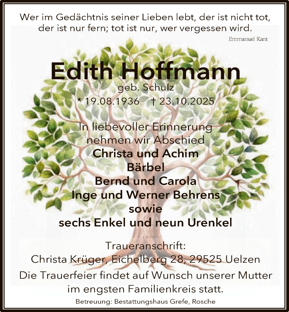  Traueranzeige für Edith Hoffmann vom 01.11.2025 aus AZ