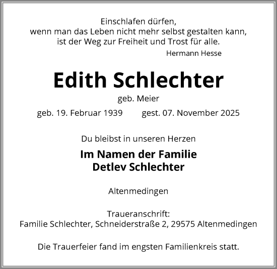 Traueranzeige von Edith Schlechter von AZ