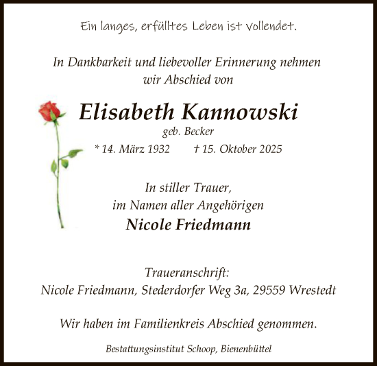 Traueranzeige von Elisabeth Kannowski von AZ