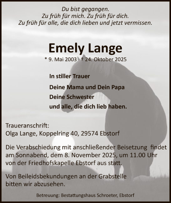 Traueranzeige von Emely Lange von AZ