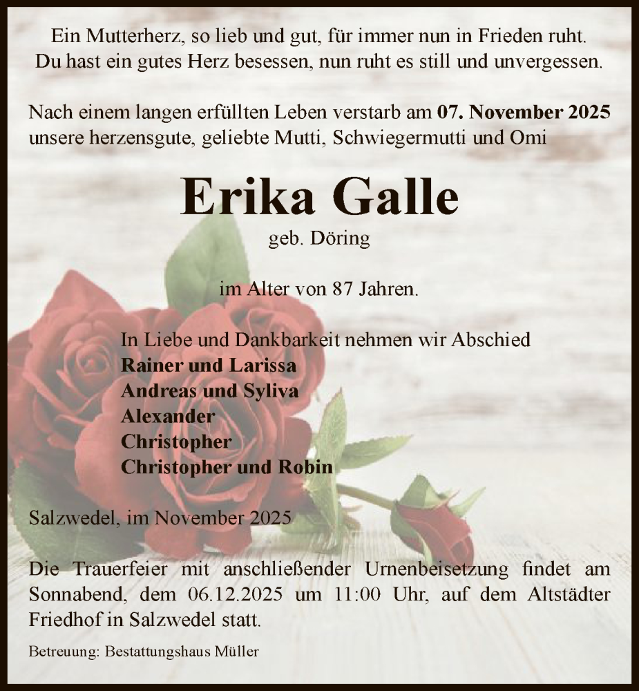  Traueranzeige für Erika Galle vom 15.11.2025 aus AMZ