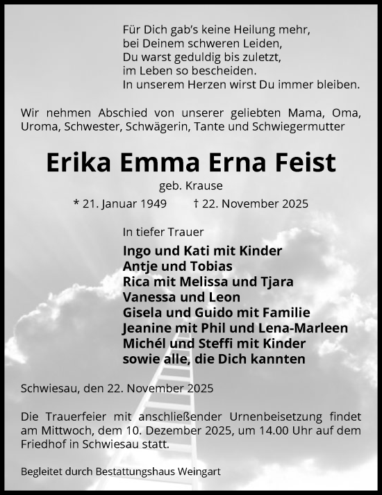 Traueranzeige von Erika Emma Erna Feist von AMZ