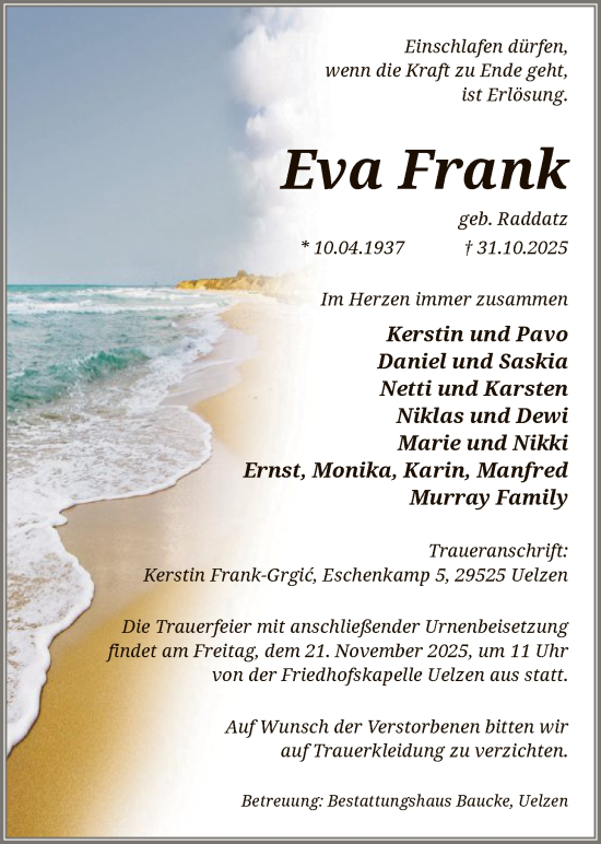 Traueranzeige von Eva Frank von AZ