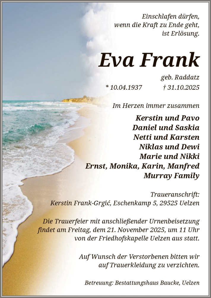  Traueranzeige für Eva Frank vom 08.11.2025 aus AZ