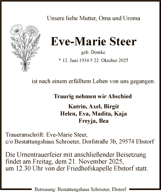 Traueranzeige von Eve-Marie Steer von AZ