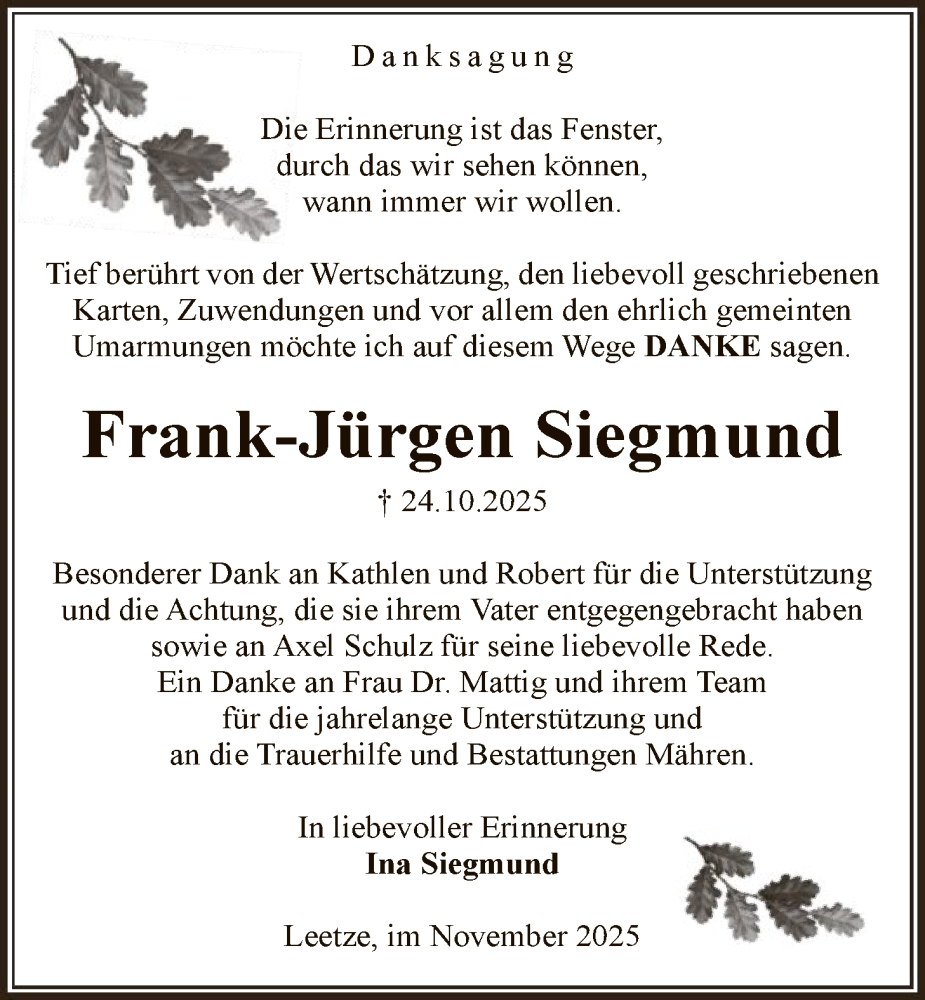  Traueranzeige für Frank-Jürgen Siegmund vom 29.11.2025 aus AMZ