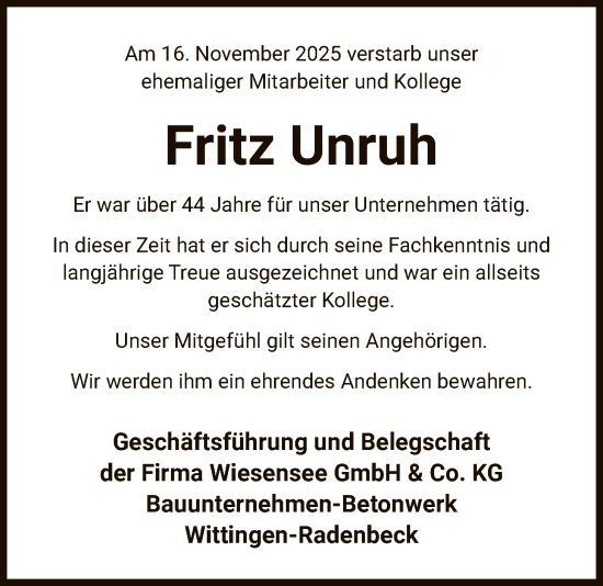 Traueranzeige von Fritz Unruh von IK