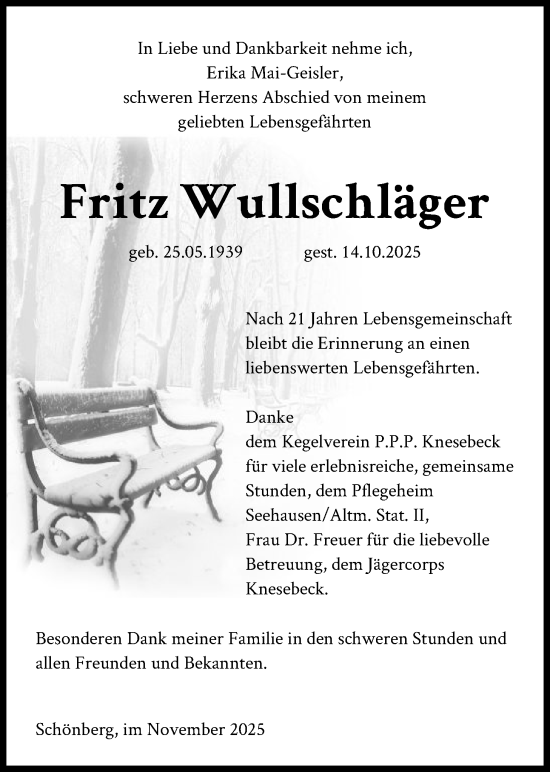 Traueranzeige von Fritz Wullschläger von IK