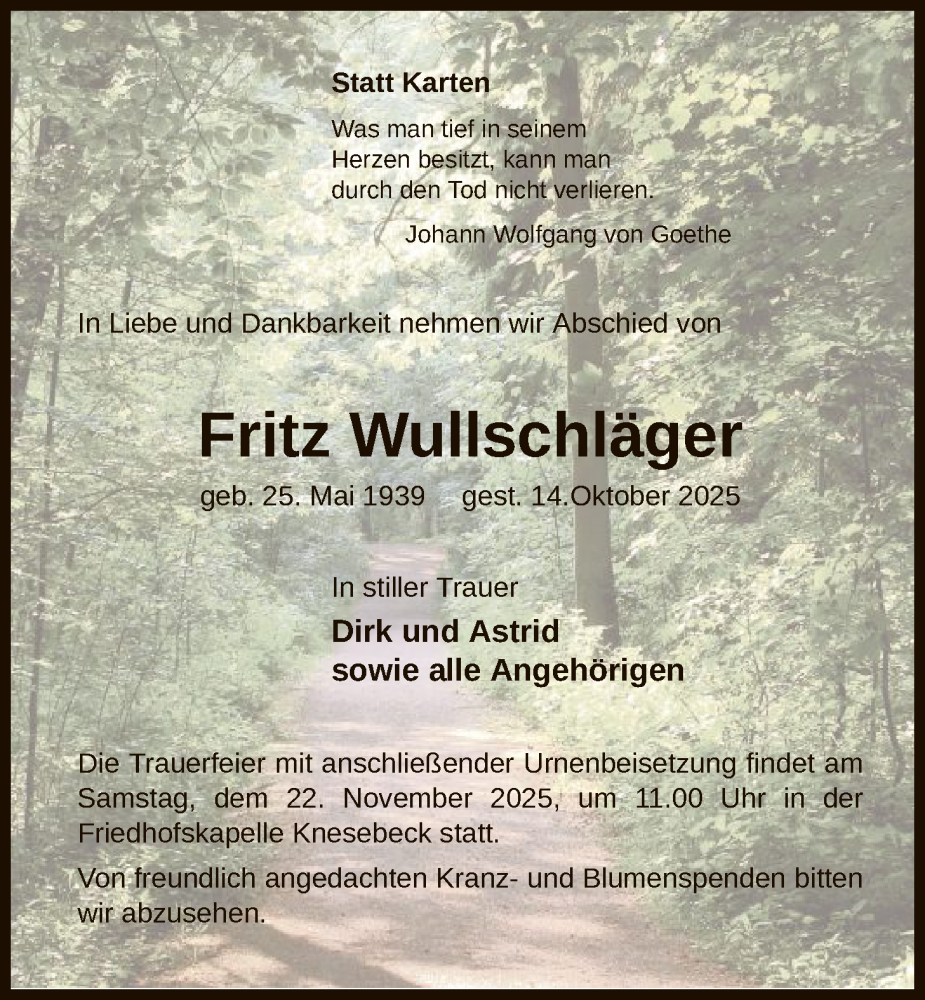  Traueranzeige für Fritz Wullschläger vom 15.11.2025 aus IK