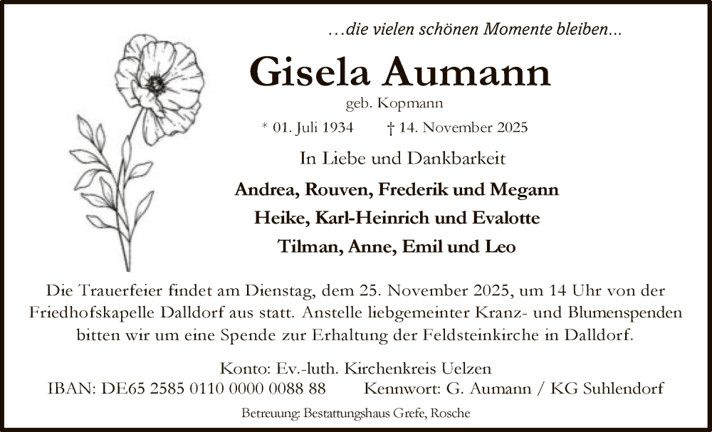  Traueranzeige für Gisela Aumann vom 22.11.2025 aus AZ