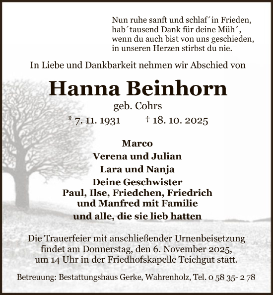 Traueranzeige von Hanna Beinhorn von IK