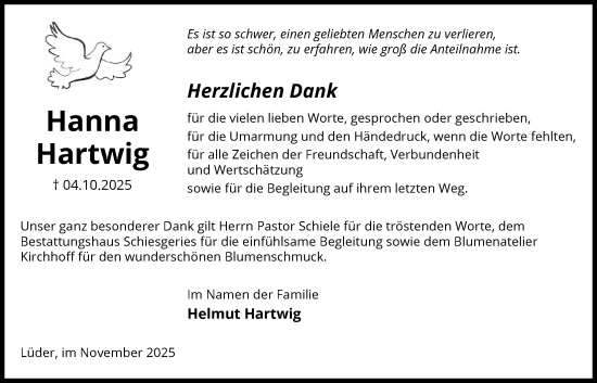 Traueranzeige von Hanna Hartwig von AZ