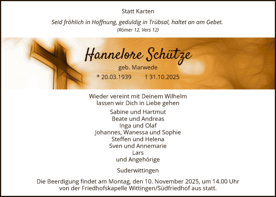 Traueranzeige von Hannelore Schütze von IK
