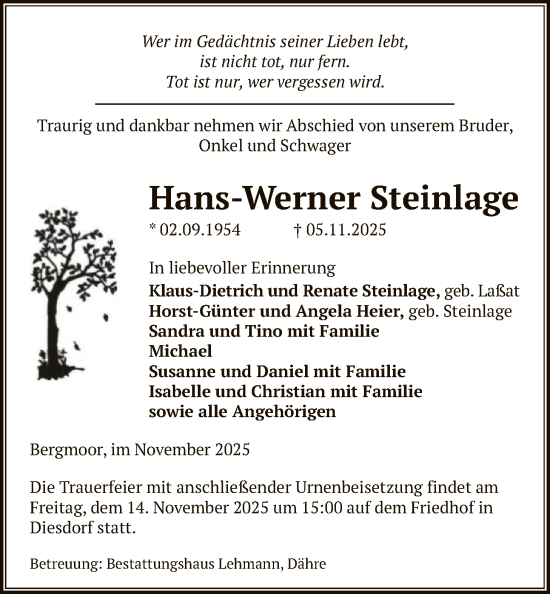 Traueranzeige von Hans-Werner Steinlage von AMZ