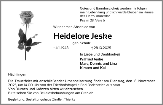 Traueranzeige von Heidelore Jeske von AZ