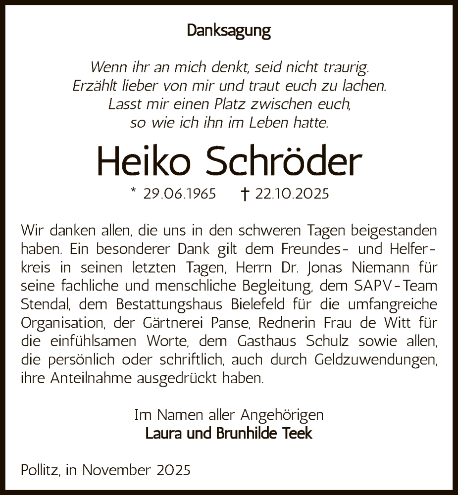  Traueranzeige für Heiko Schröder vom 06.11.2025 aus AMZ