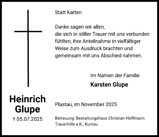 Traueranzeige von Heinrich Glupe von IK