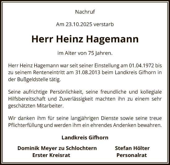 Traueranzeige von Heinz Hagemann von IK