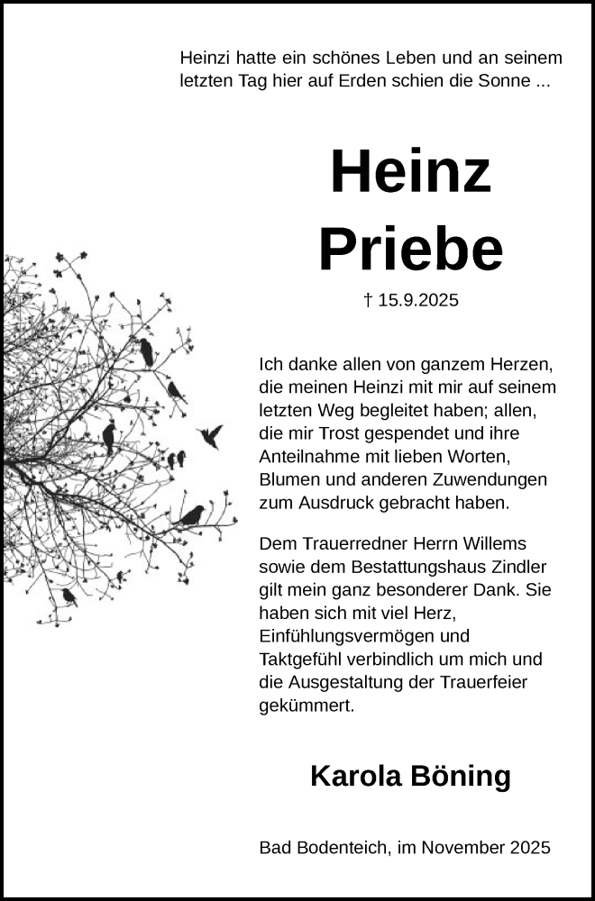  Traueranzeige für Heinz Priebe vom 01.11.2025 aus AZ
