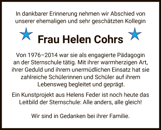 Traueranzeige von Helen Cohrs von AZ