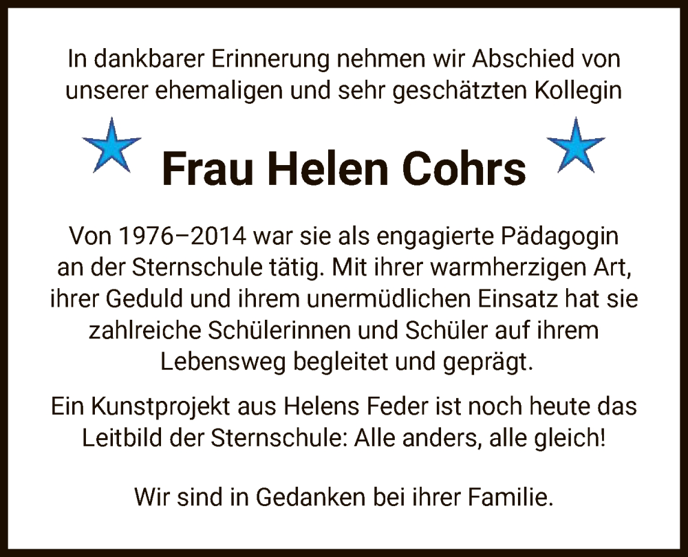 Traueranzeige für Helen Cohrs vom 08.11.2025 aus AZ