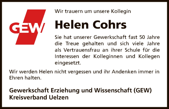 Traueranzeige von Helen Cohrs von AZ