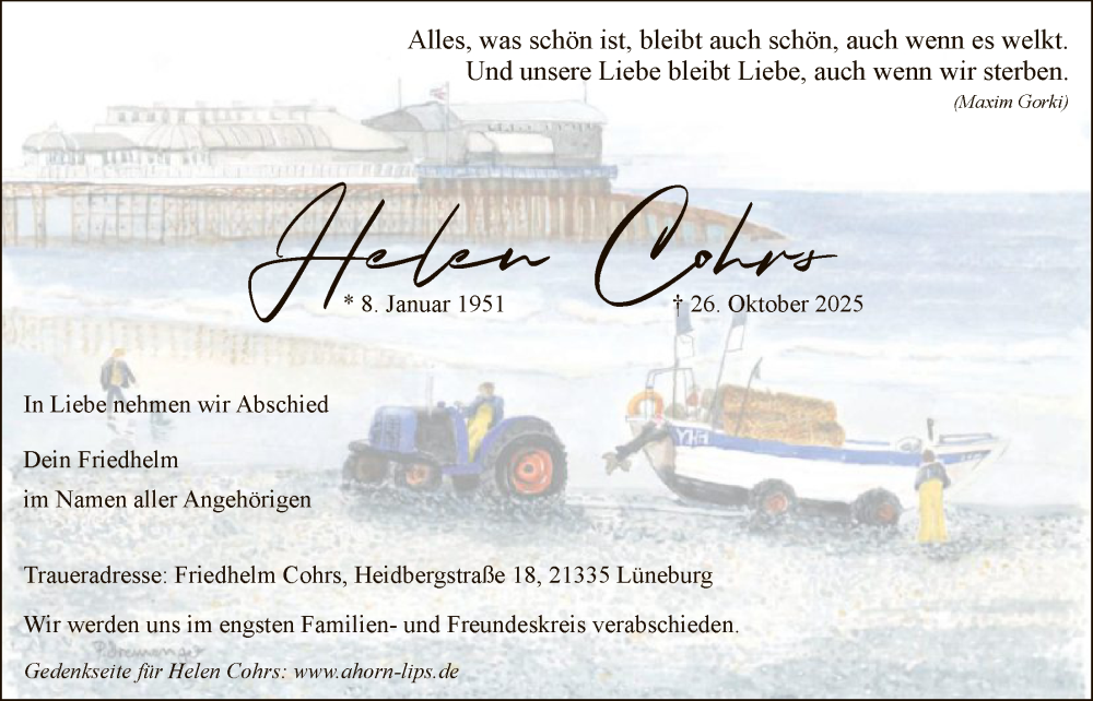 Traueranzeige für Helen Cohrs vom 08.11.2025 aus AZ