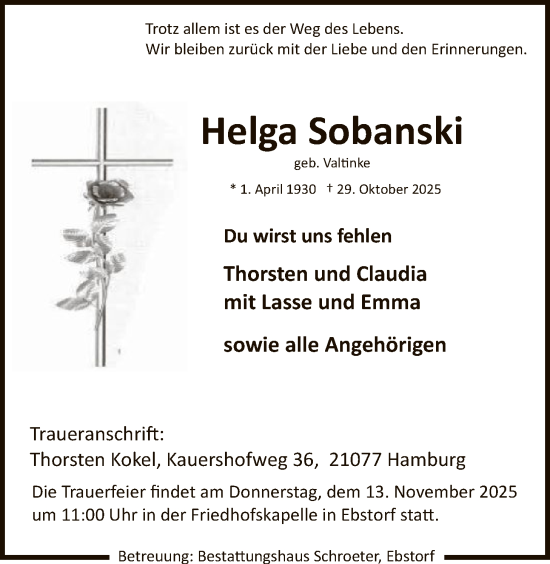 Traueranzeige von Helga Sobanski von AZ