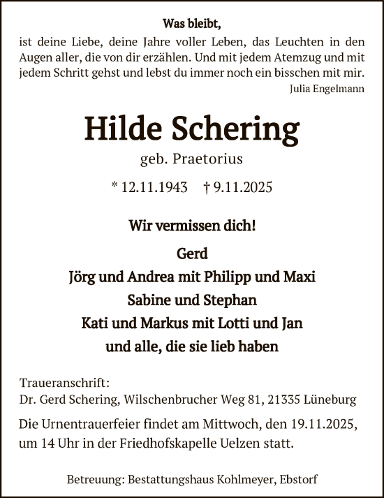 Traueranzeige von Hilde Schering von AZ