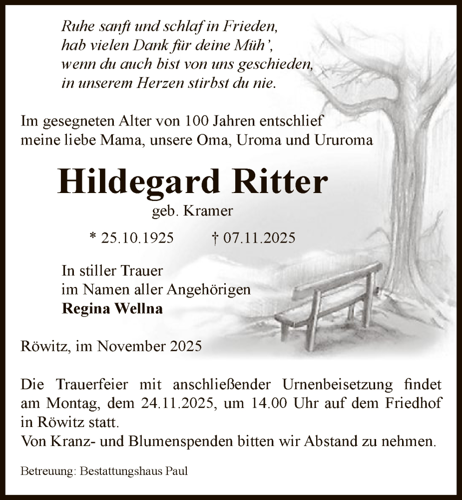  Traueranzeige für Hildegard Ritter vom 13.11.2025 aus AMZ