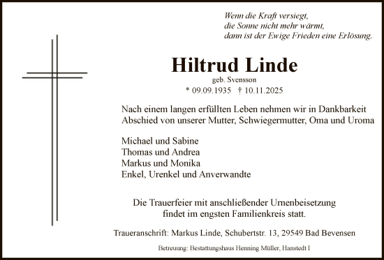 Traueranzeige von Hiltrud Linde von AZ