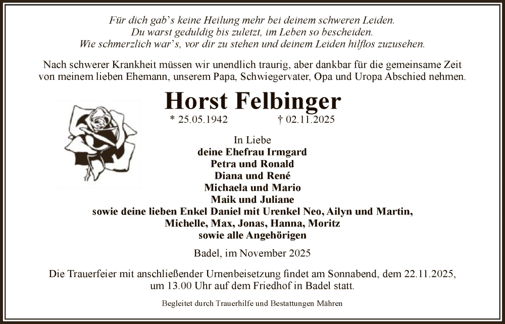  Traueranzeige für Horst Felbinger vom 05.11.2025 aus AMZ
