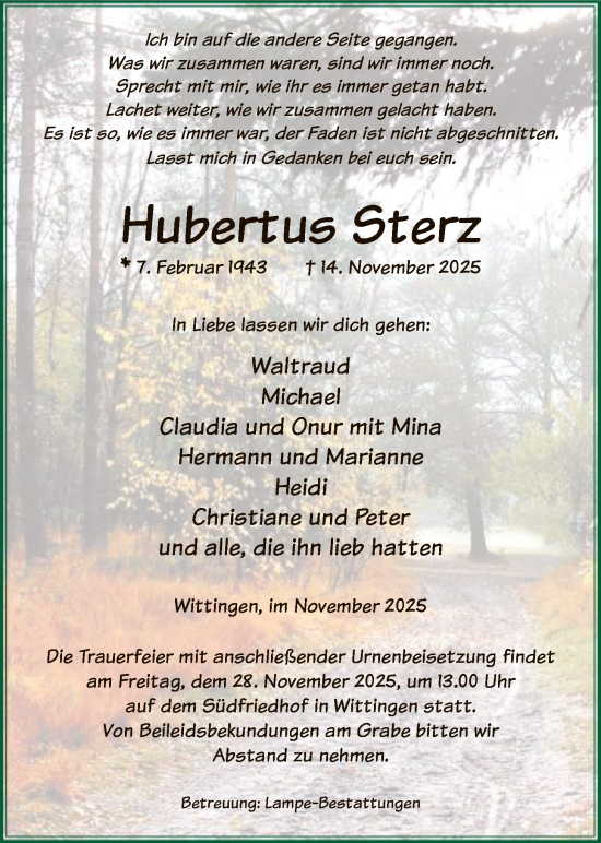 Traueranzeige von Hubertus Sterz von IK