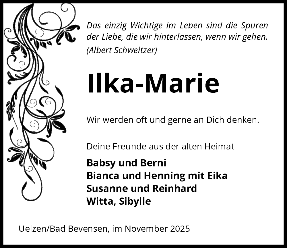  Traueranzeige für Ilka-Marie  vom 08.11.2025 aus AZ