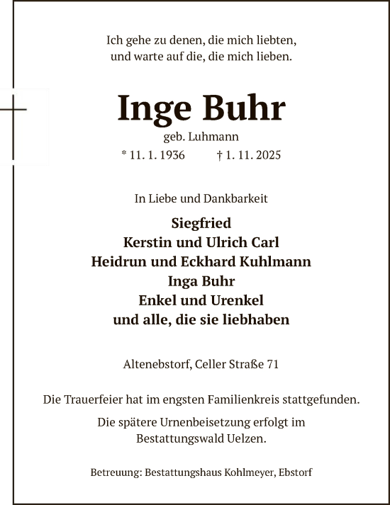 Traueranzeige von Inge Buhr von AZ