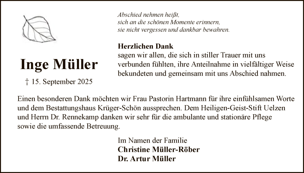  Traueranzeige für Inge Müller vom 22.11.2025 aus AZ