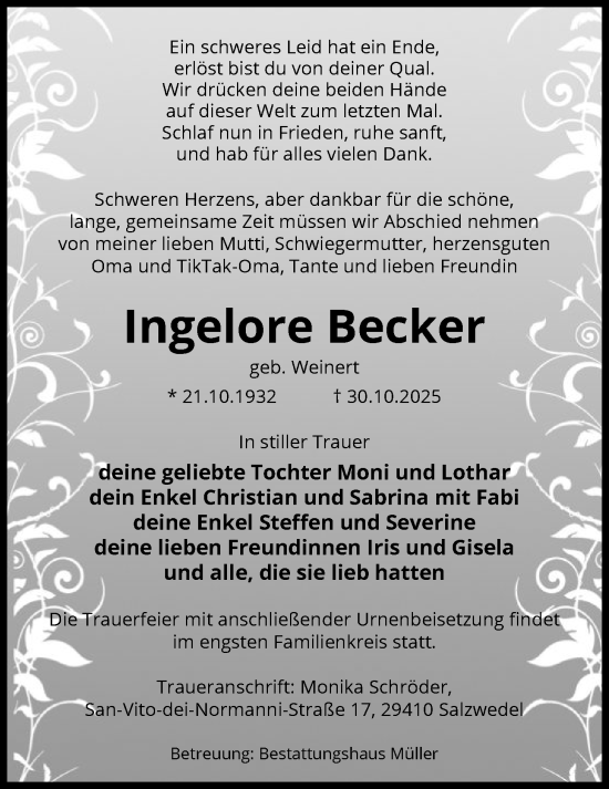 Traueranzeige von Ingelore Becker von AMZ