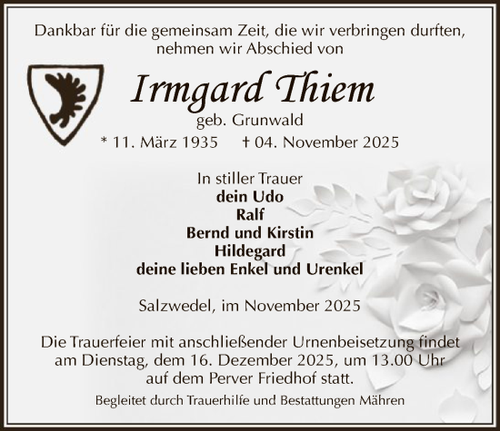 Traueranzeige von Irmgard Thiem von AMZ