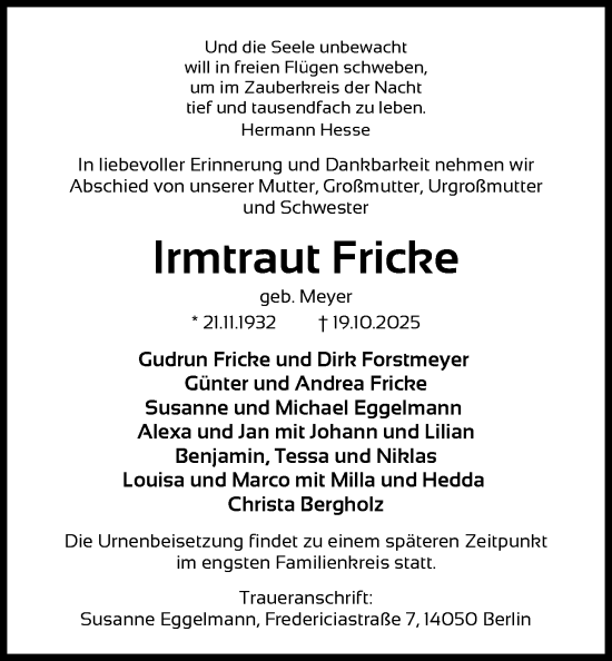 Traueranzeige von Irmtraut Fricke von IK