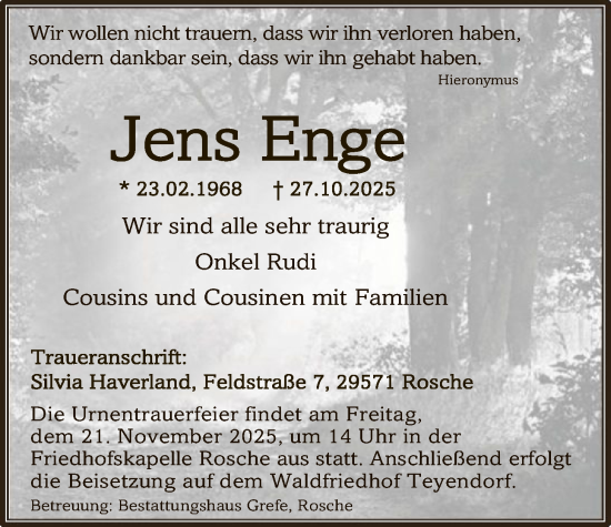 Traueranzeige von Jens Enge von AZ