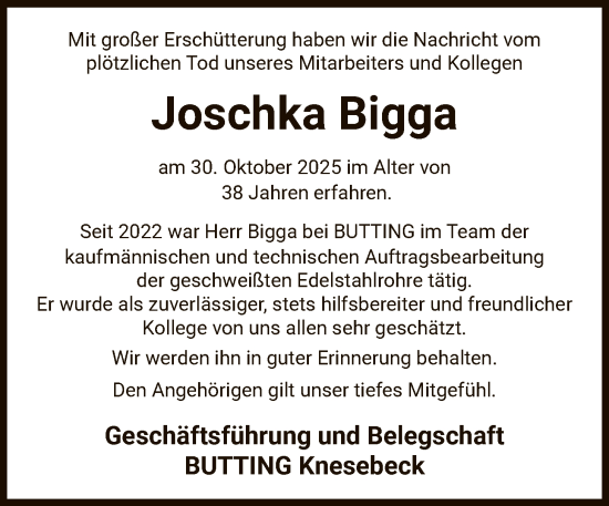 Traueranzeige von Joschka Bigga von IK