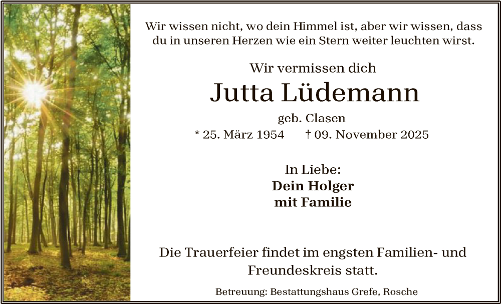  Traueranzeige für Jutta Lüdemann vom 22.11.2025 aus AZ