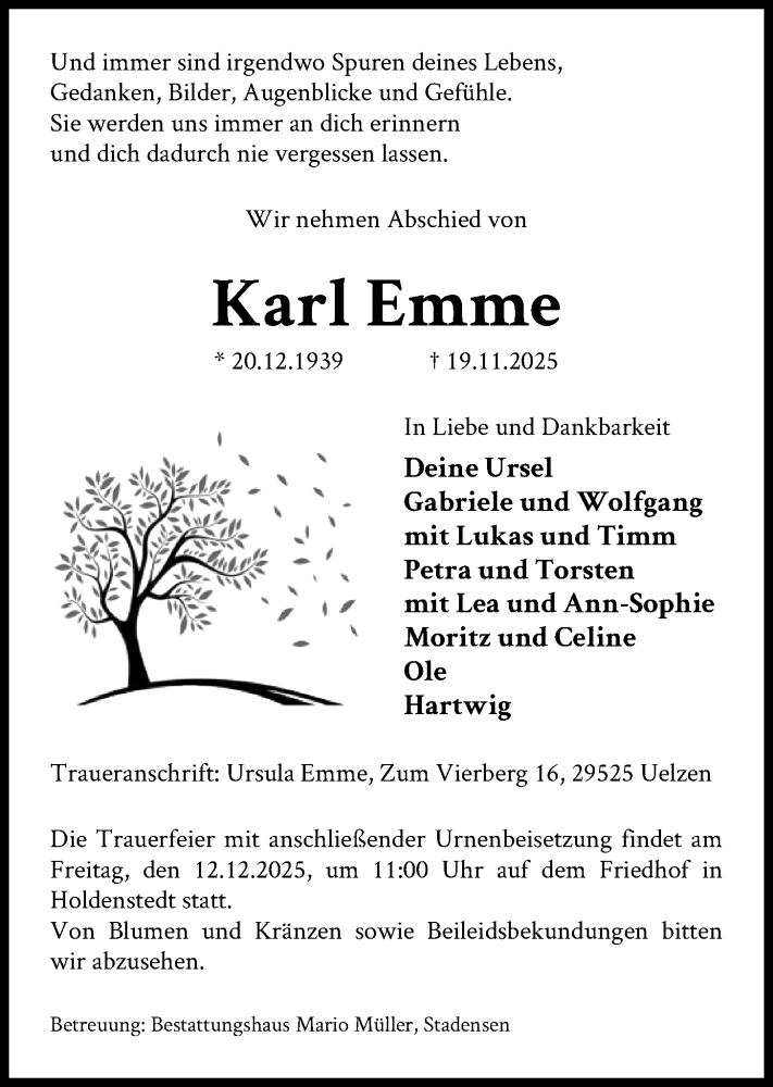  Traueranzeige für Karl Emme vom 29.11.2025 aus AZ