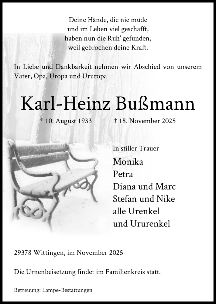  Traueranzeige für Karl-Heinz Bußmann vom 26.11.2025 aus IK