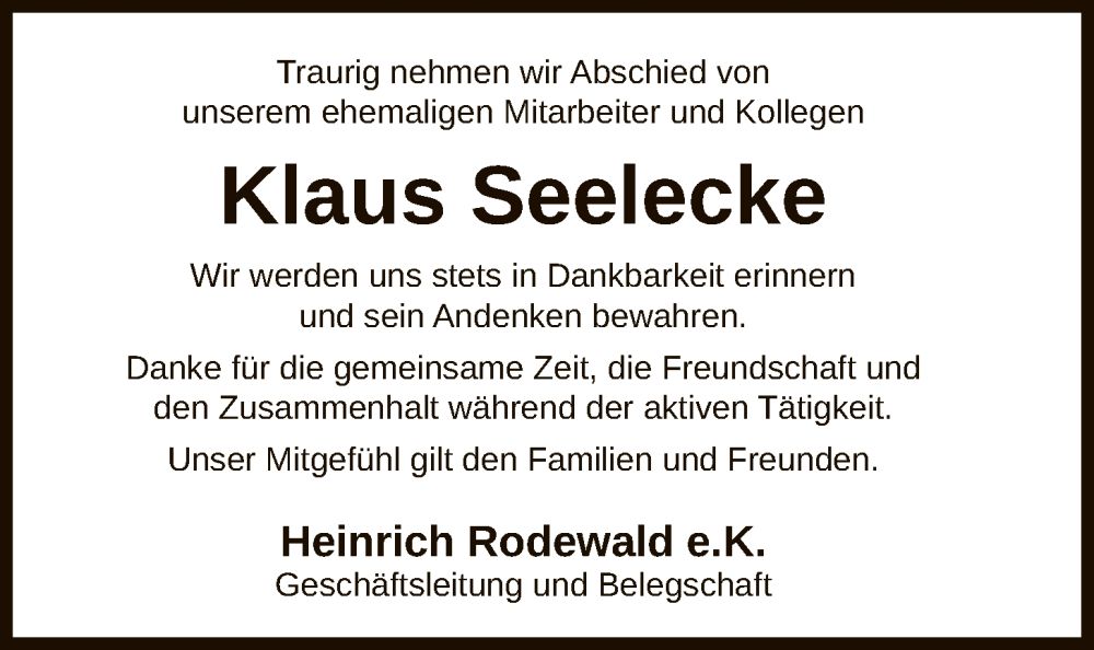  Traueranzeige für Klaus Seelecke vom 27.11.2025 aus IK
