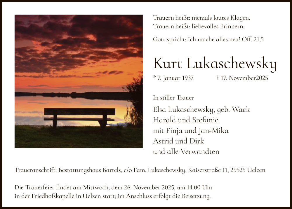  Traueranzeige für Kurt Lukaschewsky vom 22.11.2025 aus AZ